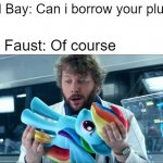 Behind the Scene in Age of Extinction while Michael Bay and Lauren has a favor... | Michael Bay: Can i borrow your plush toy? Lauren Faust: Of course | image tagged in rainbow dash transformers | made w/ Imgflip meme maker