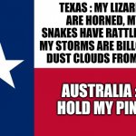 Don't Mess With The Lonestar State | TEXAS : MY LIZARDS ARE HORNED, MY SNAKES HAVE RATTLES AND MY STORMS ARE BILLOWING DUST CLOUDS FROM HELL; AUSTRALIA : 
HOLD MY PINT | image tagged in because texas,memes,texas,meanwhile in australia,australia,hold my beer | made w/ Imgflip meme maker
