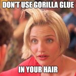 Gorilla Glue | DON'T USE GORILLA GLUE; IN YOUR HAIR | image tagged in something about mary hair gel,super glue,funny memes,funny,funny meme,lol so funny | made w/ Imgflip meme maker