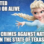 Frozen | WANTED 
DEAD OR ALIVE; FOR CRIMES AGAINST NATURE
IN THE STATE OF TEXAS! | image tagged in frozen | made w/ Imgflip meme maker