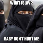Islamic women | WHAT ISLAV? BABY DON'T HURT ME | image tagged in islamic women | made w/ Imgflip meme maker