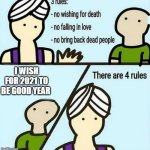 3 wishes | I WISH FOR 2021 TO BE GOOD YEAR | image tagged in 3 wishes | made w/ Imgflip meme maker