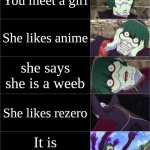 Trap | You meet a girl; She likes anime; she says she is a weeb; She likes rezero; It is actually a guy | image tagged in betelgeuse re zero 5 tier | made w/ Imgflip meme maker