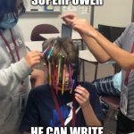 The newest super hero | PEN MAN'S SUPERPOWER; HE CAN WRITE 20 ESSAYS AT ONCE | image tagged in pen man,superhero,pencils,pens,funny memes | made w/ Imgflip meme maker