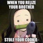 Nezuko | WHEN YOU RELIZE YOUR BROTHER; STOLE YOUR COOKIE- | image tagged in nezuko | made w/ Imgflip meme maker