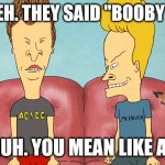 Beavis and Butthead | HEH HEH. THEY SAID "BOOBY TRAP"; HUH HUH. YOU MEAN LIKE A BRA? | image tagged in beavis and butthead | made w/ Imgflip meme maker