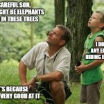 Father and son  | BE CAREFUL SON, THERE MIGHT BE ELEPHANTS HIDING IN THESE TREES; I DON'T SEE ANY ELEPHANTS HIDING IN THE TREES; THAT'S BECAUSE THEY ARE VERY GOOD AT IT | image tagged in father and son | made w/ Imgflip meme maker