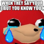 Crying Ugandan Knuckles Transparent | WHEN THEY SAY YOUR FINE BUT YOU KNOW YOU NOT | image tagged in crying ugandan knuckles transparent | made w/ Imgflip meme maker