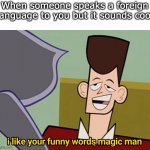 e | When someone speaks a foreign language to you but it sounds cool | image tagged in i like your funny words magic man | made w/ Imgflip meme maker