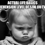 "Mummy why isn't the world all nice and stuffs?!" | ACTUAL LIFE BASICS COMPREHENSION LEVEL OF SJW ON TWITTER | image tagged in pouting toddler,twitter | made w/ Imgflip meme maker