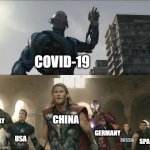 COVID-19 v.s the World | COVID-19; CHINA; ITALY; GERMANY; USA; RUSSIA; SPAIN | image tagged in avengers | made w/ Imgflip meme maker