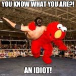 What Elmo is really like in real life... | YOU KNOW WHAT YOU ARE?! AN IDIOT! | image tagged in elmo wrestler | made w/ Imgflip meme maker
