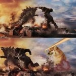 Cheems chasing Kong and Godzilla with a baseball bat meme