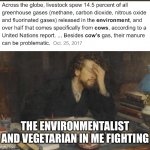 Todays Conflict  | THE ENVIRONMENTALIST AND VEGETARIAN IN ME FIGHTING | image tagged in todays conflict | made w/ Imgflip meme maker