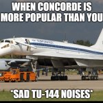 acurate | WHEN CONCORDE IS MORE POPULAR THAN YOU; *SAD TU-144 NOISES* | image tagged in sad plane,pie charts,plane | made w/ Imgflip meme maker