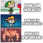 terminalmontage link | HOW I AM IN REALITY; HOW I AM IN MY NIGHT MARES; HOW I AM IN MY DREAMS | image tagged in terminalmontage link | made w/ Imgflip meme maker