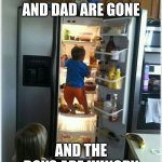 when the boys are hungry | WHEN YOUR MOM AND DAD ARE GONE; AND THE BOYS ARE HUNGRY | image tagged in baby getting food from fridge | made w/ Imgflip meme maker