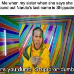 no cap this happened | Me when my sister when she says she found out Naruto's last name is Shippuden | image tagged in are you dumb stupid or dumb | made w/ Imgflip meme maker