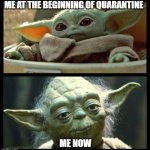 quarantine me | ME AT THE BEGINNING OF QUARANTINE; ME NOW | image tagged in baby yoda | made w/ Imgflip meme maker
