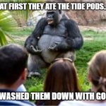 Who would have thought Tide Pods and Gorilla Glue go good together. | AT FIRST THEY ATE THE TIDE PODS... THEN THEY WASHED THEM DOWN WITH GORILLA GLUE. | image tagged in gorilla glue,tide pods,zootopia,breakfast of champions,what did they eat | made w/ Imgflip meme maker