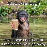 Chocky make the pain go away | 2020 was tough; Have some chocky milk, it makes the pain go away | image tagged in hand over monke | made w/ Imgflip meme maker