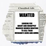 Guns and ammo funny | WANTED; LOOKING FOR ANGRY AND UNHAPPILY  MARRIED WOMEN WANTING TO SELL THEIR HUSBAND’S GUNS AND AMMO. | image tagged in classified ads | made w/ Imgflip meme maker