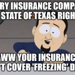 Insurance Company Preamble | EVERY INSURANCE COMPANY IN THE STATE OF TEXAS RIGHT NOW; AWW YOUR INSURANCE DOESN'T COVER 'FREEZING' DAMAGE | image tagged in south park nipples,texas,freeze,weather,funny,insurance | made w/ Imgflip meme maker
