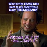 crazy hair scientist | What do the TRANS folks
 have to say, about those 
Pesky “CHROMOSOMES?”; GOD made  XX  &  XY
- And..... That’s  IT -; MRA | image tagged in crazy hair scientist | made w/ Imgflip meme maker