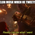 Elon Musk Tweets | ELON MUSK WHEN HE TWEETS Reality can be what I want | image tagged in elon musk,twitter | made w/ Imgflip meme maker