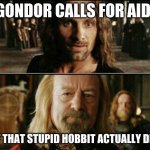Gondor calls for aid | GONDOR CALLS FOR AID! WTF THAT STUPID HOBBIT ACTUALLY DID IT | image tagged in gondor calls for aid | made w/ Imgflip meme maker