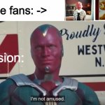 Bebe Vision meets vision | Vision: The fans: -> | image tagged in i m not amused vision,wandavision | made w/ Imgflip meme maker