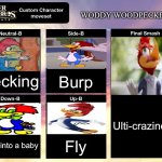 Smash Ultimate: Woody Woodpecker’s Movest | WODDY WOODPECKER; Pecking; Burp; Ulti-craziness; Turn into a baby; Fly | image tagged in smash ultimate custom moveset | made w/ Imgflip meme maker