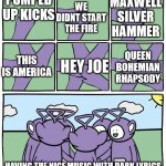You can search it for yourself | PUMPED UP KICKS; MAXWELL SILVER HAMMER; WE DIDNT START THE FIRE; THIS IS AMERICA; HEY JOE; QUEEN BOHEMIAN RHAPSODY; HAVING THE NICE MUSIC WITH DARK LYRICS | image tagged in teletubbies in a circle | made w/ Imgflip meme maker