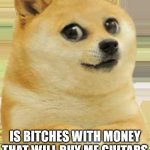Ritch Bitches | PERHAPS WHAT I NEED; IS BITCHES WITH MONEY THAT WILL BUY ME GUITARS | image tagged in kid doge,funny animals,doge,guitars,guitar,funny dog | made w/ Imgflip meme maker
