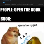 Go to horny jail | PEOPLE: OPEN THE BOOK; BOOK: | image tagged in go to horny jail,nudes,book,shocked,reddit,interesting | made w/ Imgflip meme maker