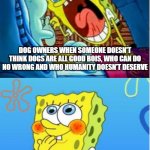 Spongebob Yell/Spongebob Shy | DOG OWNERS WHEN SOMEONE DOESN'T THINK DOGS ARE ALL GOOD BOIS, WHO CAN DO NO WRONG AND WHO HUMANITY DOESN'T DESERVE DOG OWNERS WHEN THEIR DOG | image tagged in spongebob yell/spongebob shy | made w/ Imgflip meme maker