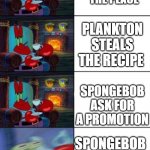 Mr Crab Tea | SQUID WARD  LEAVE'S THE PLACE; PLANKTON STEALS THE RECIPE; SPONGEBOB ASK FOR A PROMOTION; SPONGEBOB ASK FOR A RAISE | image tagged in mr crab tea | made w/ Imgflip meme maker