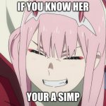 Smiling Zero-Two | IF YOU KNOW HER; YOUR A SIMP | image tagged in smiling zero-two | made w/ Imgflip meme maker