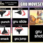 gru moveset | GRU MOVESET; gru slide; gru punch; gru shot; gru smack; gru jump | image tagged in super smash bros ultimate custom character moveset | made w/ Imgflip meme maker