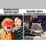 Zenitsu is PISSED!!!! | Inosuke when he isn't challenged:; Zenitsu every episode since he was introduced: | image tagged in zenitsu yelling | made w/ Imgflip meme maker