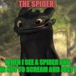 Toothless | THE SPIDER:; WHEN I SEE A SPIDER AND TRYING NOT TO SCREAM AND JUST RUNS | image tagged in toothless | made w/ Imgflip meme maker