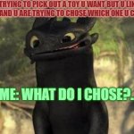Toothless | TRYING TO PICK OUT A TOY U WANT BUT U LIKE BOTH AND U ARE TRYING TO CHOSE WHICH ONE U CAN BUY; ME: WHAT DO I CHOSE?... | image tagged in toothless | made w/ Imgflip meme maker