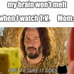 im pretty sure it doesnt | my brain won't melt when I watch T.V.      Mom: | image tagged in im pretty sure it doesnt | made w/ Imgflip meme maker