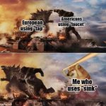 Just say sink | Americans using "faucet"; European using "tap"; Me who uses "sink" | image tagged in kong godzilla doge,memes,fun,sink,britain,america | made w/ Imgflip meme maker