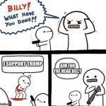 politics | I SUPPORT TRUMP; AIM FOR THE HEAD BILLY | image tagged in billy was right | made w/ Imgflip meme maker