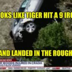 Tiger Hits The Rough | LOOKS LIKE TIGER HIT A 9 IRON; AND LANDED IN THE ROUGH | image tagged in tiger woods,golfing,driving,car accident,distracted boyfriend,bad drivers | made w/ Imgflip meme maker