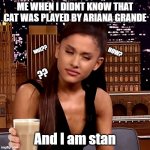 Ariana Grande | ME WHEN I DIDNT KNOW THAT CAT WAS PLAYED BY ARIANA GRANDE; wut?? HOW? ?? And I am stan | image tagged in ariana grande | made w/ Imgflip meme maker