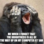 My Eyes Gorilla | ME WHEN I FORGET THAT THE BRIGHTNESS IS ALL OF THE WAY UP ON MY COMPUTER AT 1AM | image tagged in my eyes gorilla | made w/ Imgflip meme maker