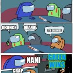 Among ud | WHOS THE IMPOSTER; ORANGE; ORANGE; ITS GREEN!!!! NANI; GREEN WINS; CRAP; ITS GUNNA HAPPEN AGAIN!? WOW | image tagged in among ud | made w/ Imgflip meme maker