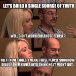 Build a "single source of truth" | THERE ARE TOO MANY SYSTEMS TO CONSULT; LET'S BUILD A SINGLE SOURCE OF TRUTH | image tagged in but it might work for us | made w/ Imgflip meme maker